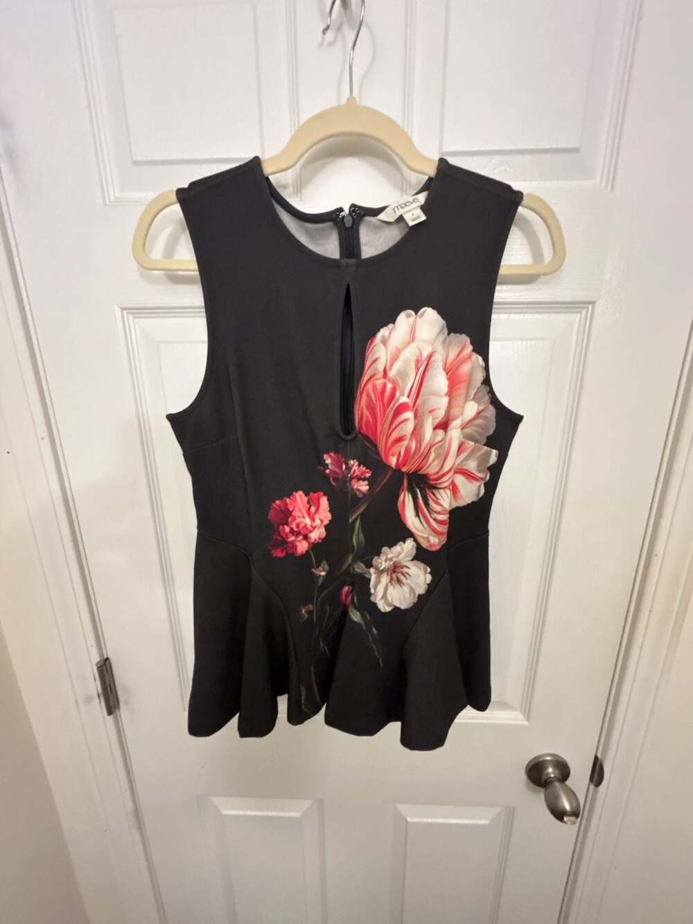 Maeve Anthropologie Black Floral Sleeveless Peplum Top